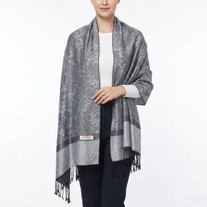 Pashmina Paisley Wrap Scarf Silk Blend Fringed Grey Black